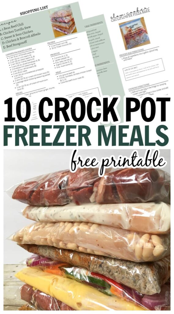 10 make ahead crock pot recipes that are freezer friendly with printable shopping list and recipe cards