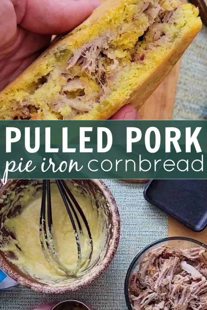 campfire cornbread recipe made in pie iron with pulled pork and cheese hobo pie