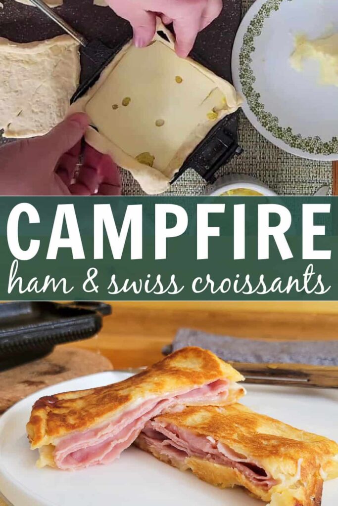 ham and swiss campfire sandwich maker recipe with cheese and ham cooked in a pie iron