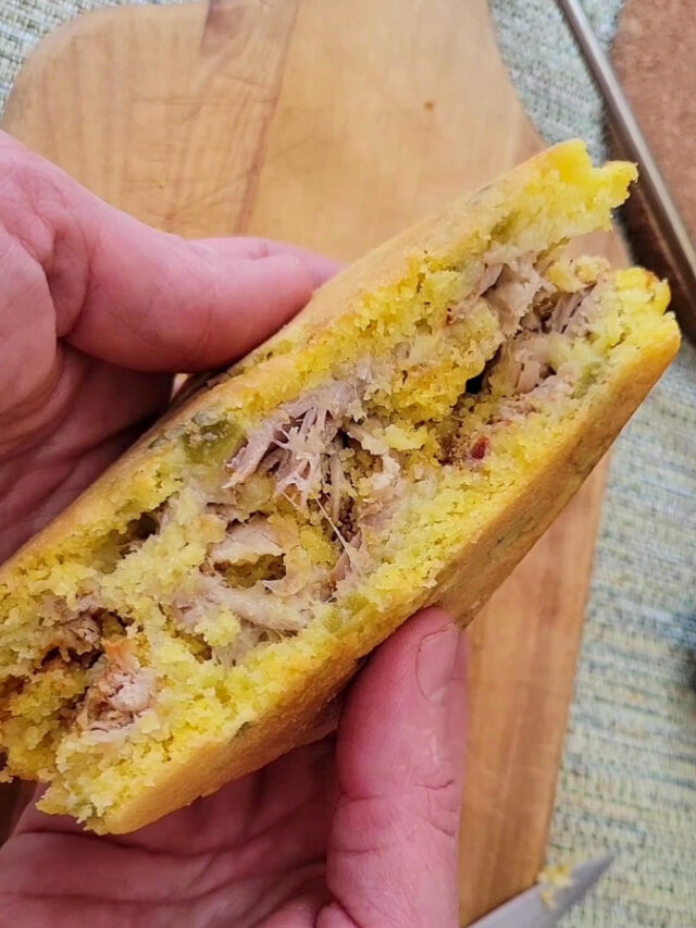 camping cornbread recipe hobo pie with pulled pork, cheese and green chilis