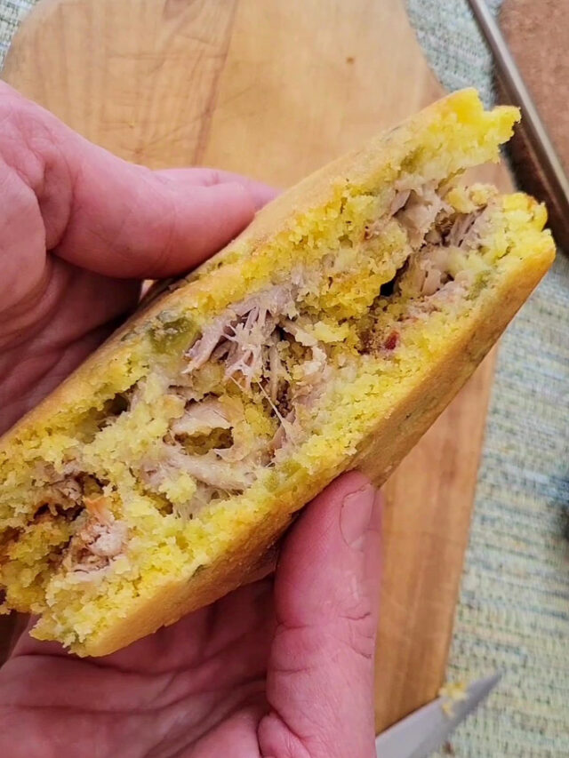 camping cornbread recipe hobo pie with pulled pork, cheese and green chilis