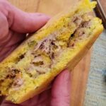 camping cornbread recipe made in pie iron with pulled pork and cheese hobo pie