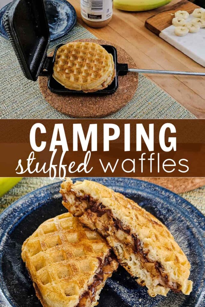 camping waffles with peanut butter and bananas cooked in a pie iron, hobo pie or mountain pie breakfast recipe