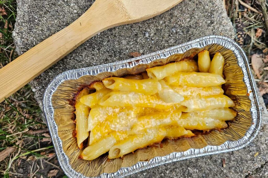 camping mac and cheese recipe to make ahead before camping trip and cook over the campfire