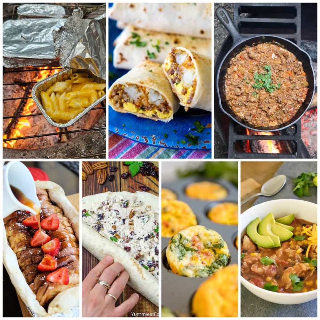 a collection of 40 easy make ahead camping meals for breakfast lunch and dinner collage
