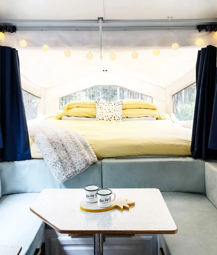 bright yellow and blue camper interior