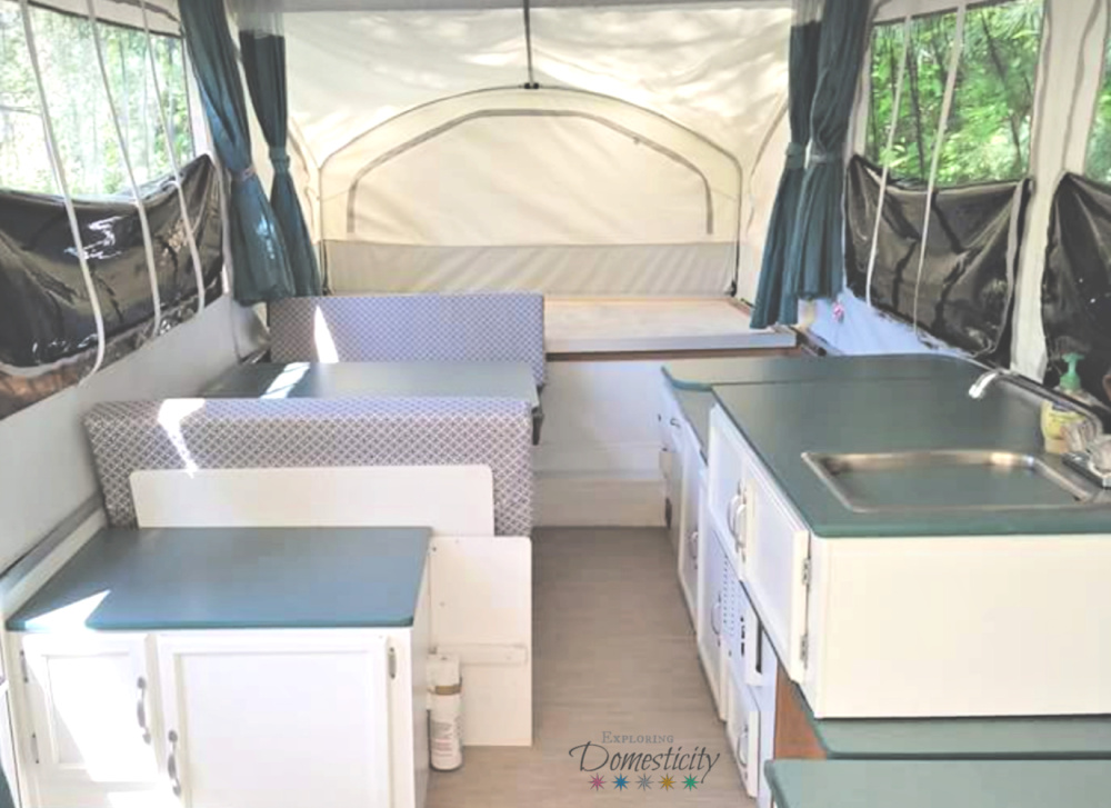 blue and white camper makeover