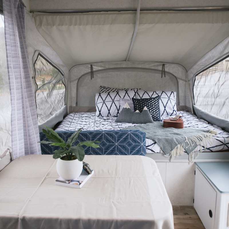 classic navy and white camper makeover