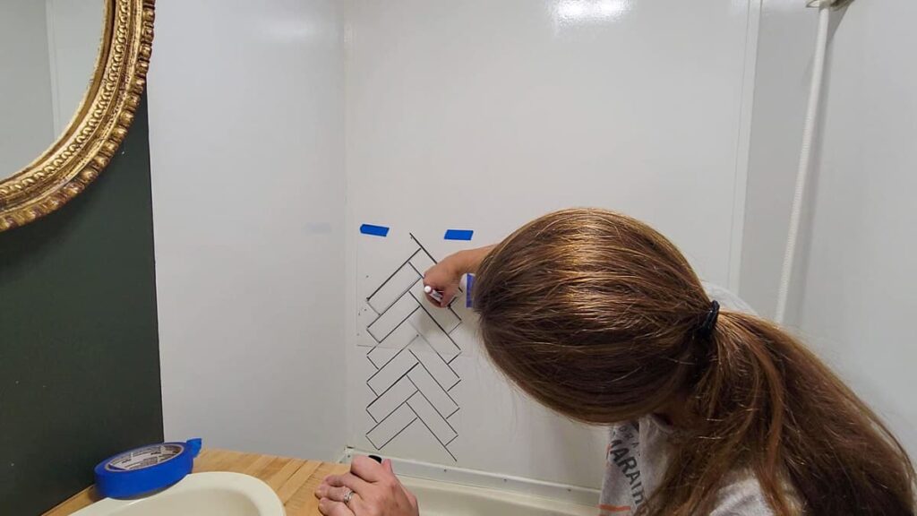 how to stencil an RV shower wall to look like tile
