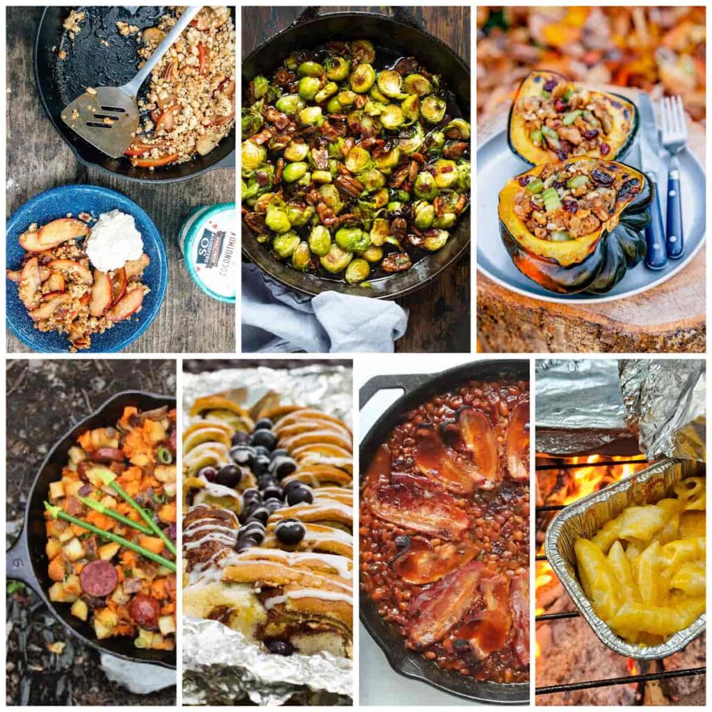 collage of fall camping recipes to cook over the campfire