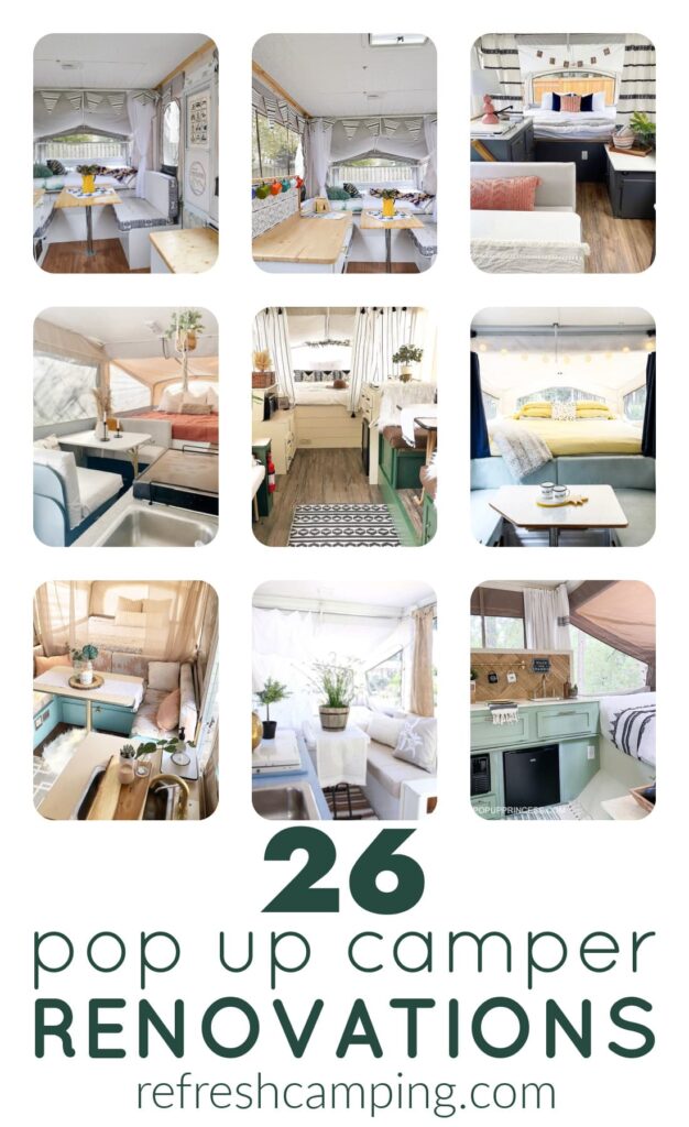 collage of pop up camper remodel ideas of 26 different renovated pop up campers with green, blue, turquoise, pink and white