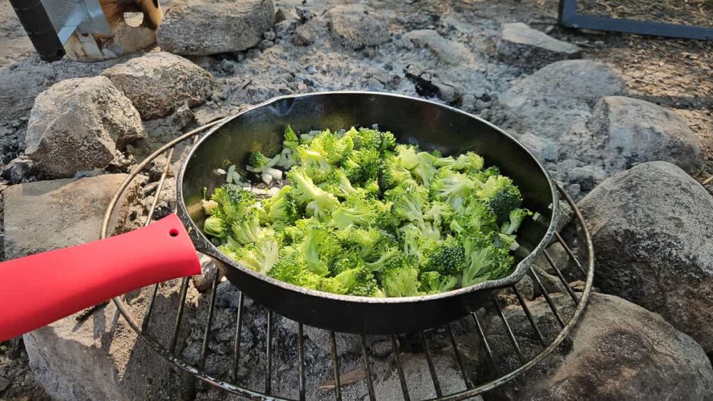 broccoli cheese frittata for camping with cast iron skillet