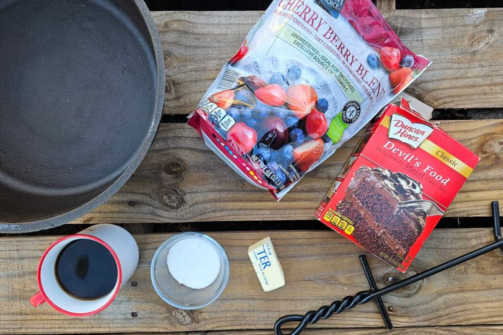 simple ingredients to make camping dump cake chocolate cherry berry cake 