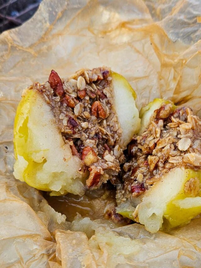 baked apples on campfire cooked in foil with pecans, oats and brown sugar