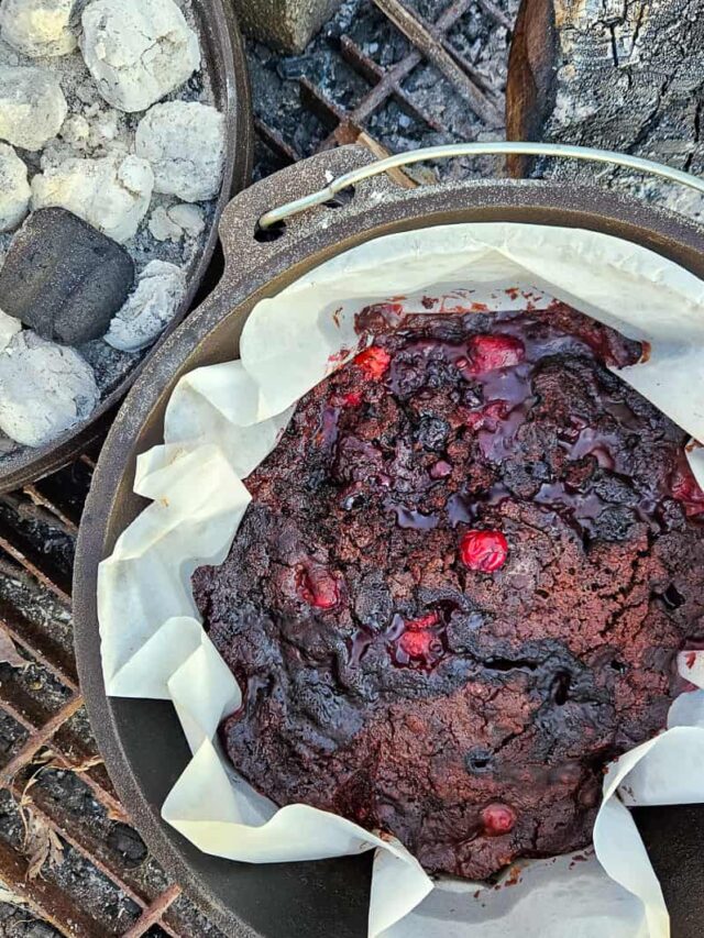 camping dessert with chocolate cake and cherries in this dutch oven dump cake recipe