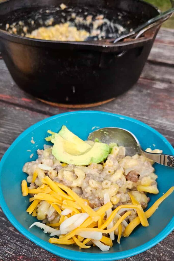 camping dinner idea one pot macaroni and cheese beef casserole