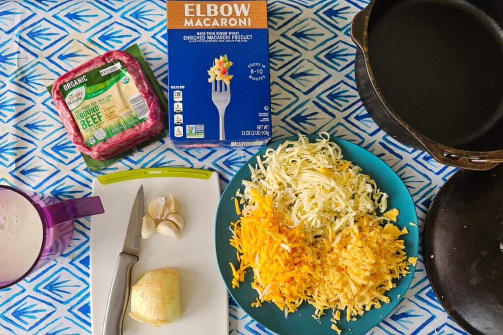 ingredients to make one pot macaroni and cheese with beef for camping