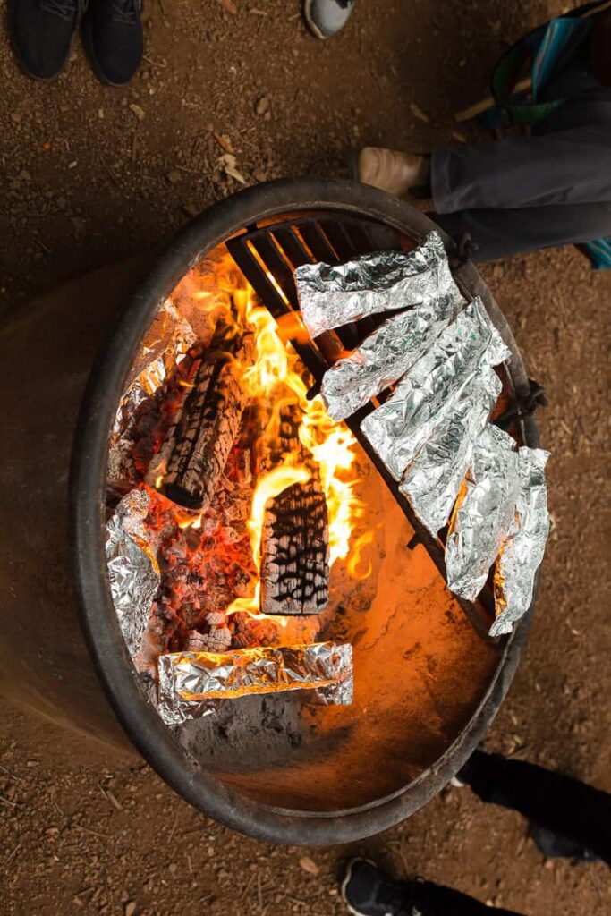 camping food hacks to cook over the fire in foil packets