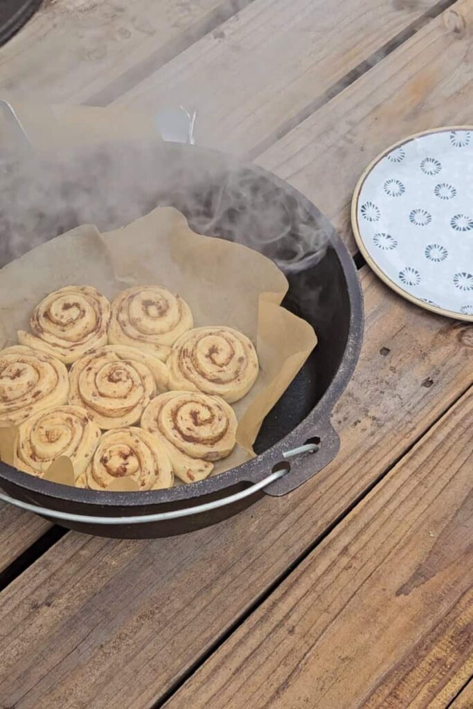 campfire cinnamon rolls four different ways including in a dutch oven over the campfire