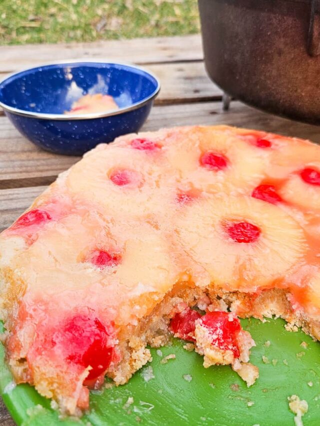 campfire pineapple upside down cake in dutch oven