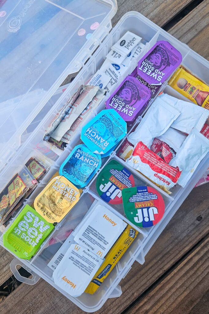 camping hack to save fast food condiment packets instead of packing larger bottles