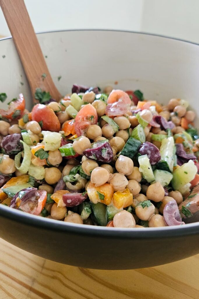 chick pea salad is great to make ahead of time and stores well in the fridge for camping salad, picnic salad or BBQ salad recipe