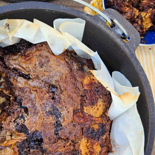 Peanut Butter Brownie Dutch Oven Dump Cake - Refresh Camping