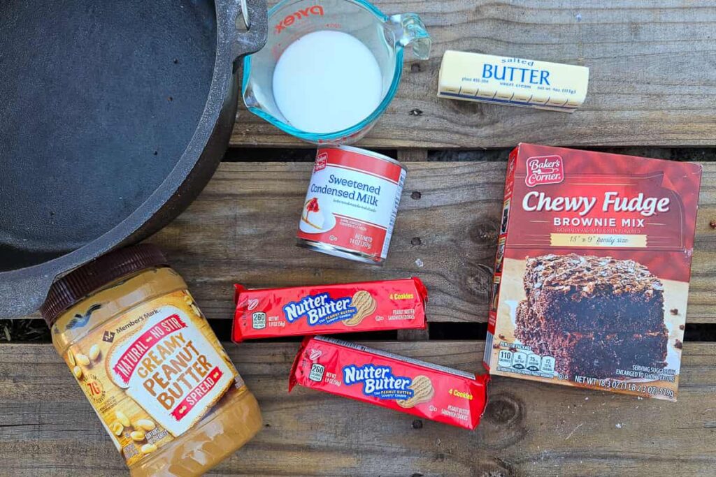 ingredients in campfire brownies with peanut butter dutch oven dessert