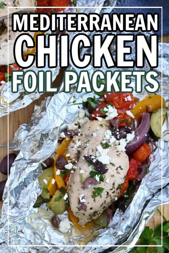 Easy camping dinner cooked over the campfire in foil packets. Chicken and mediterranean vegetables