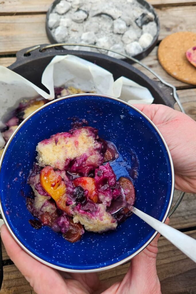 peach and blueberries in camping dessert dump cake recipe