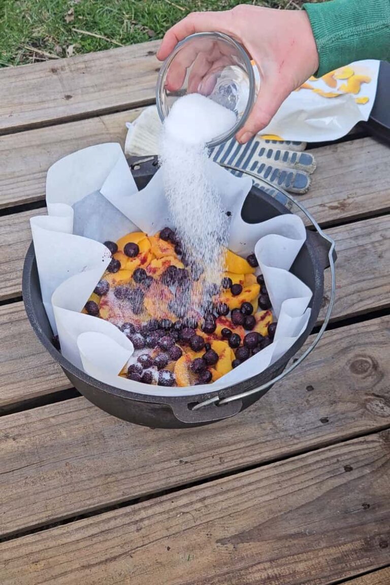 Peach Blueberry Dutch Oven Cake - Refresh Camping