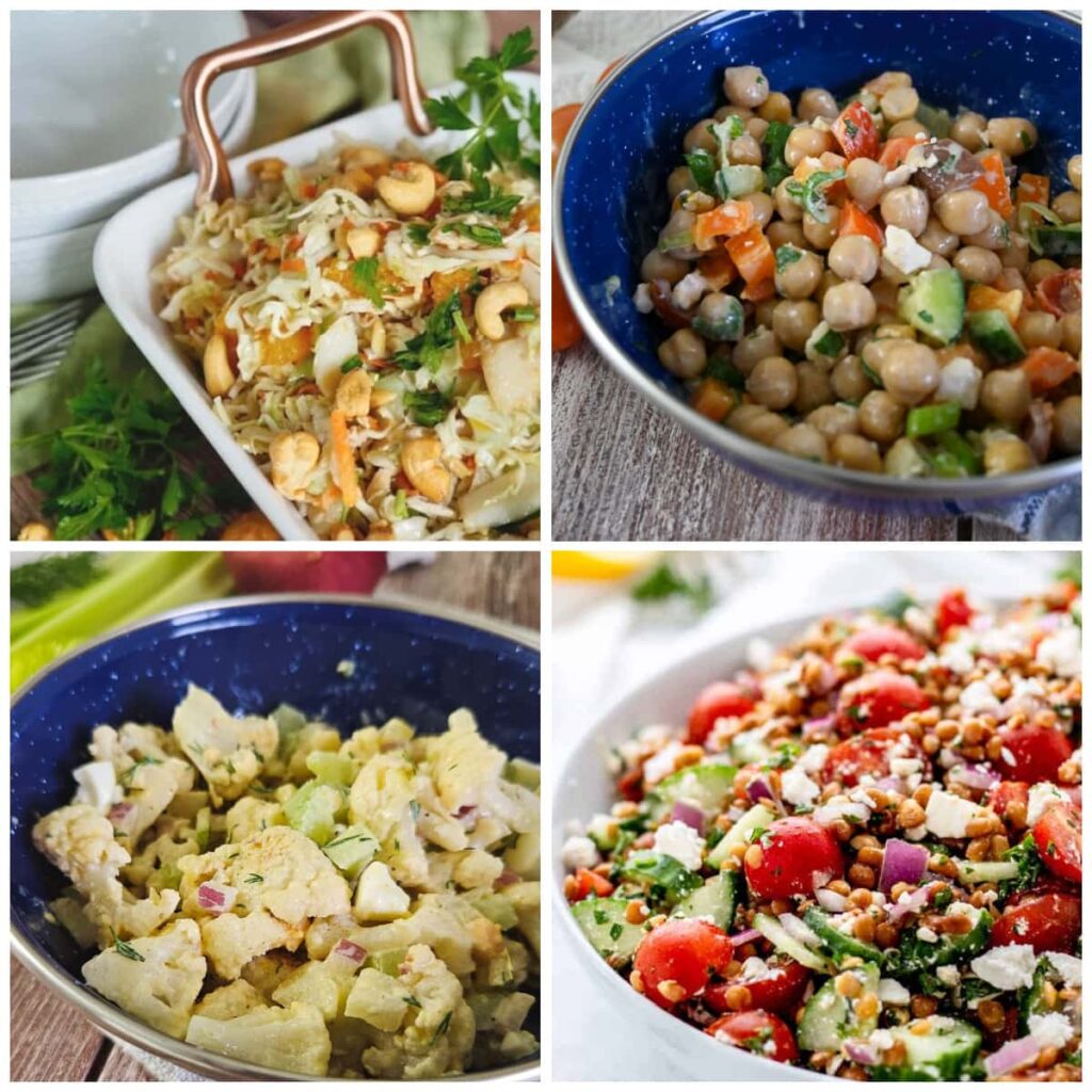 collage of make ahead salads for camping, picnics, potlucks or BBQs
