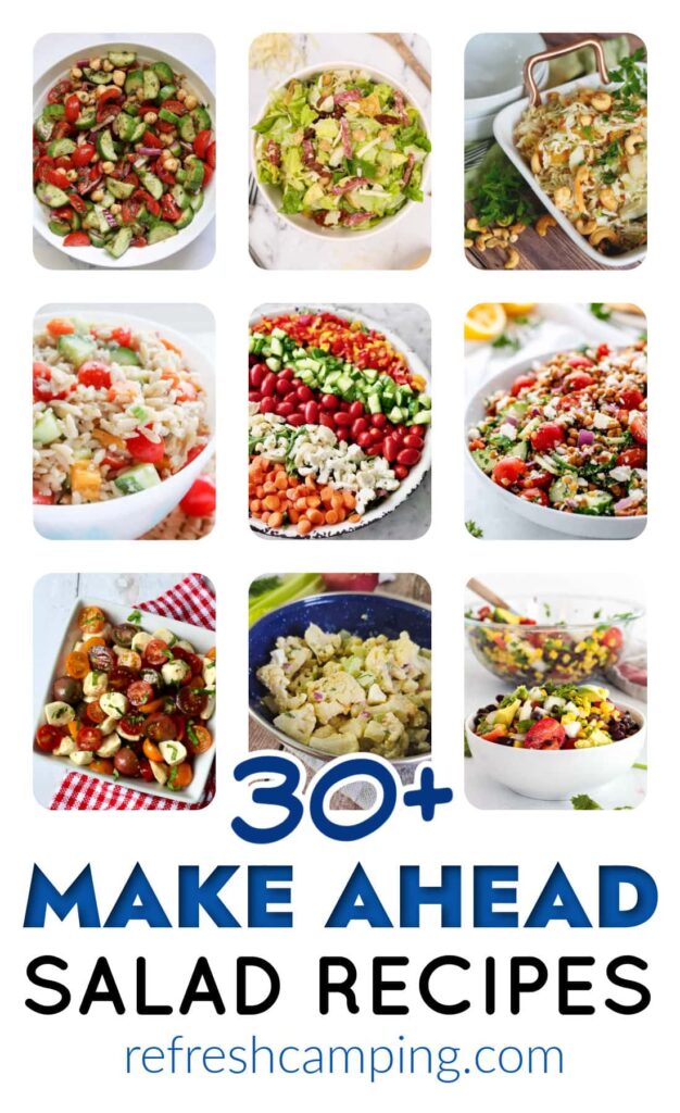 collage of make ahead salad recipes for potlucks, picnics, BBQs or camping trips