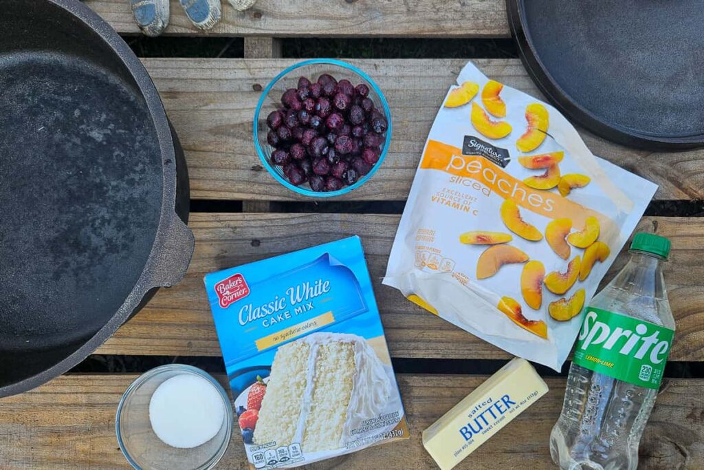 ingredients in peach bluerry dutch oven cake