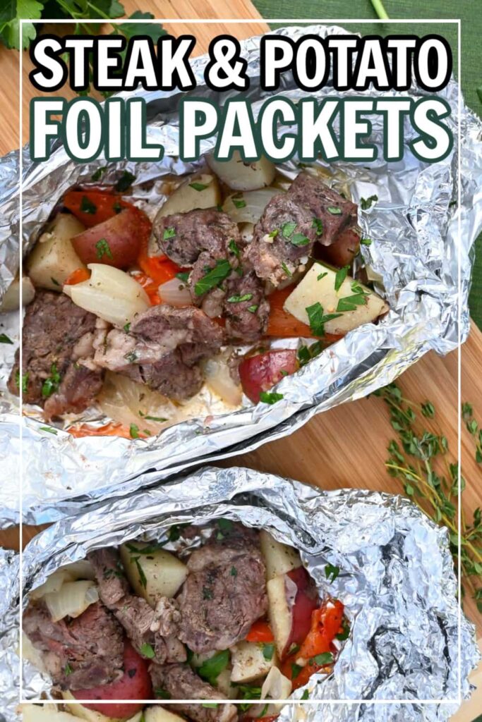 steak and potato camping foil packet dinner recipe with peppers and thyme