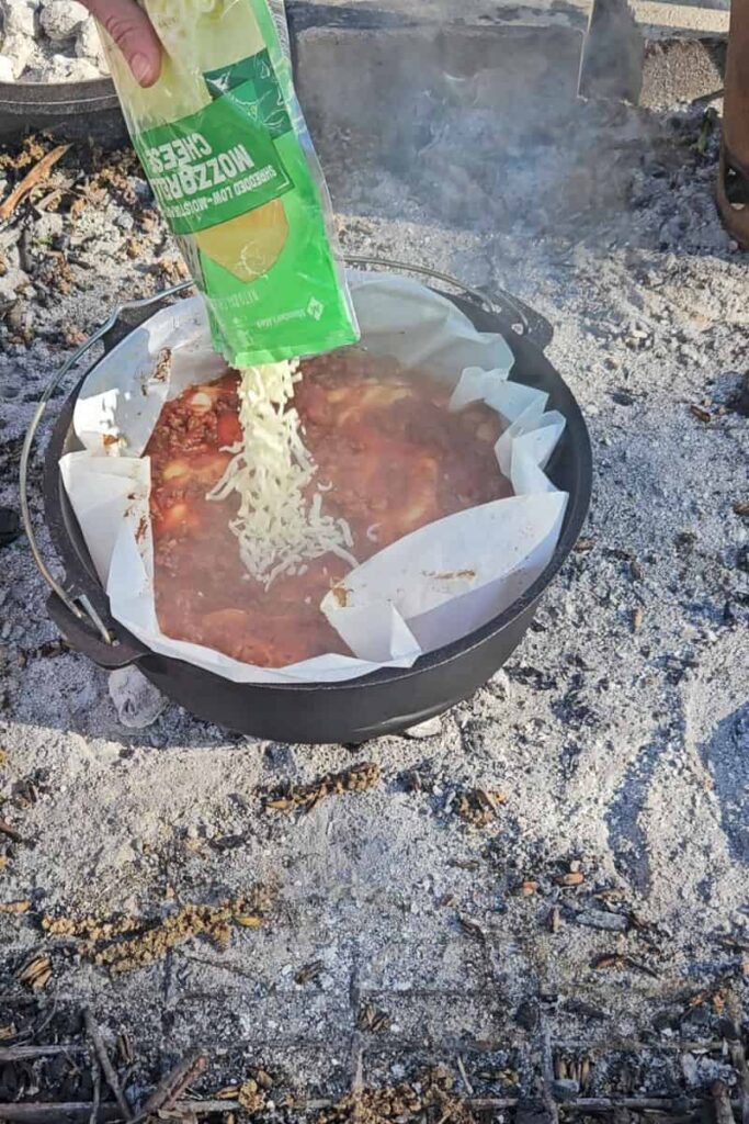 mozarella cheese crispy top layer in campfire lasagna
