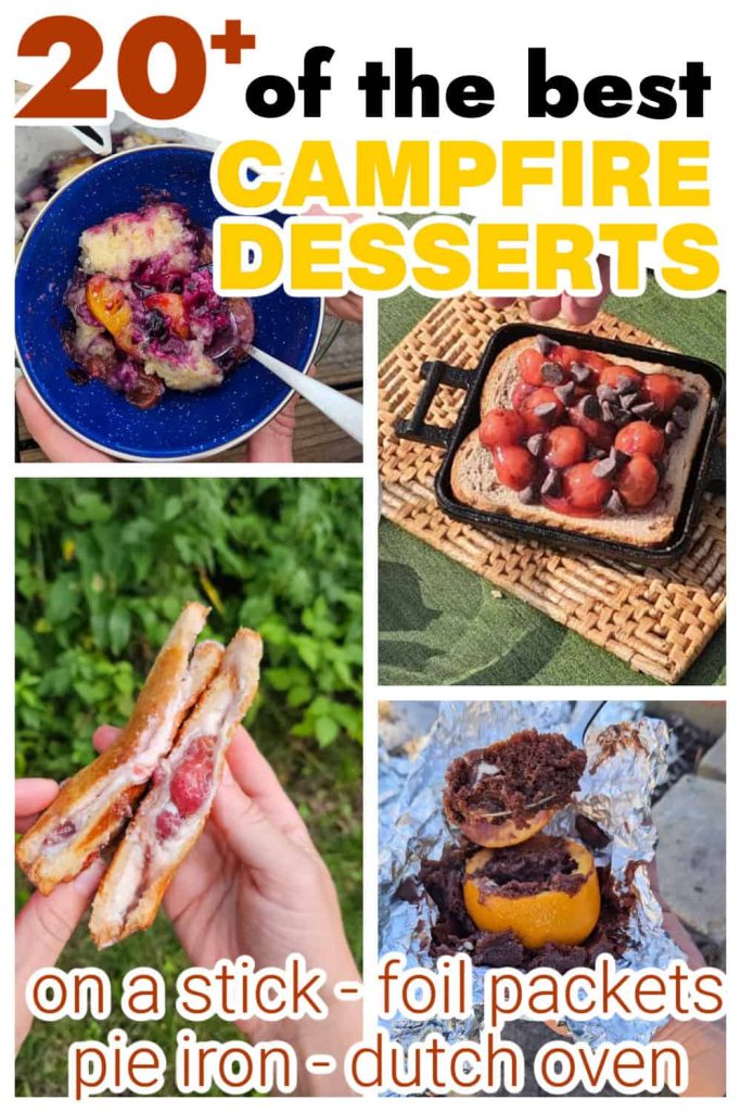 collage of easy camping desserts made on a stick, in foil packets, pie iron or dutch oven