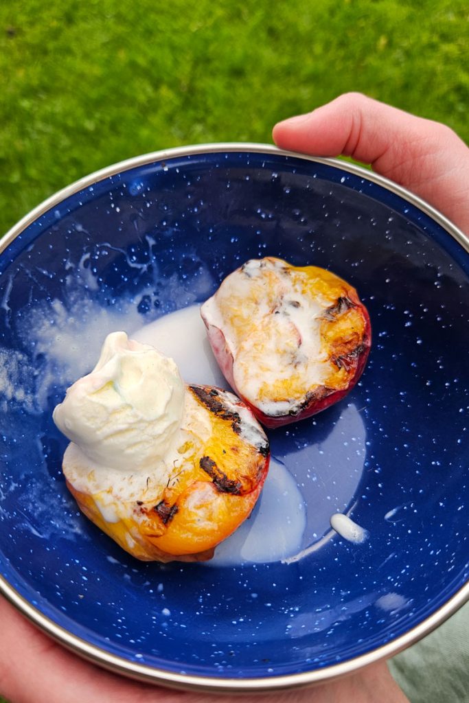 easy camping dessert to grill peaches and add ice cream
