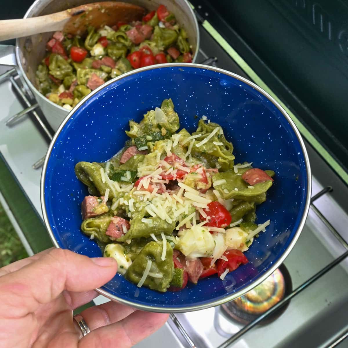 one pot tortellini recipe with zucchini and sausage for camping dinner