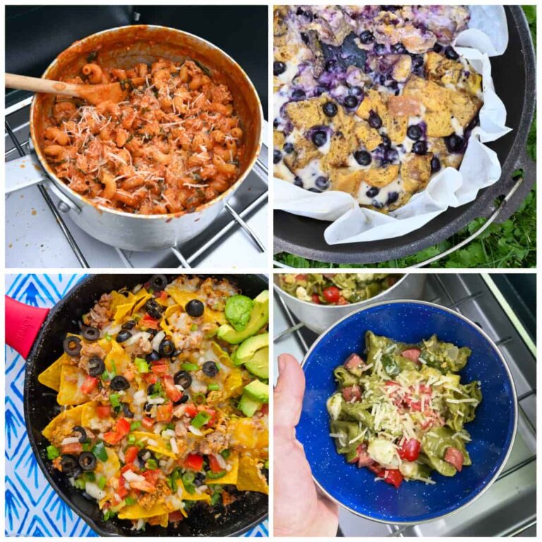camping one pot meals for easy dinner, breakfast and dessert