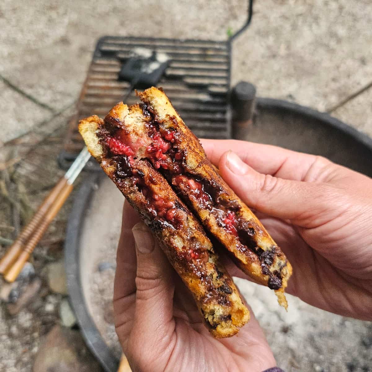 raspberry nutella pudgy pies cooked in a pie iron