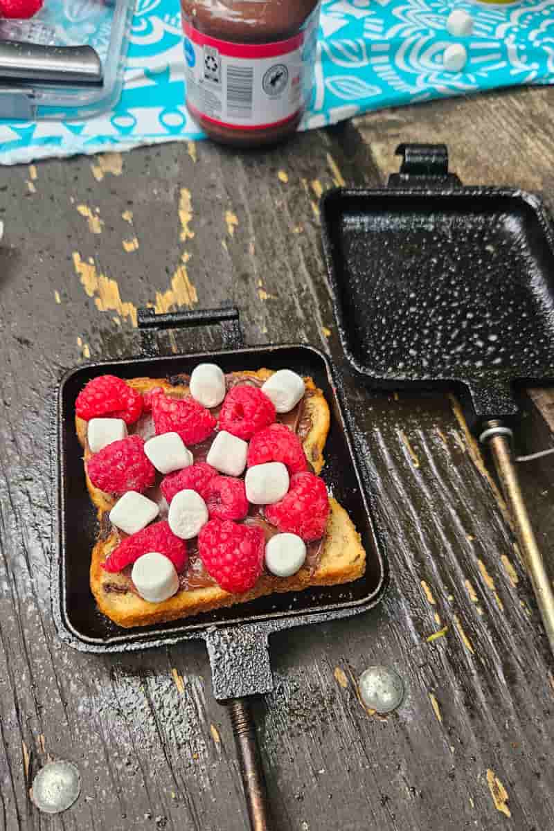 put raspberries and nutella between cinnamon raisin bread for camping dessert